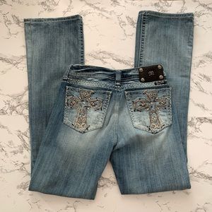Miss me rhinestones cross boot cut denim jeans 34